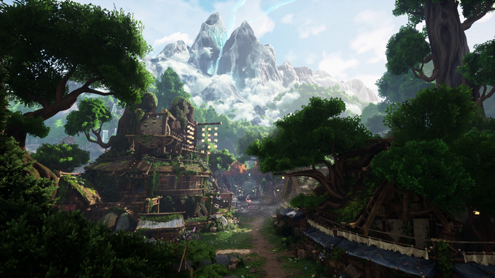 Fantasy village with lanterns and mountains