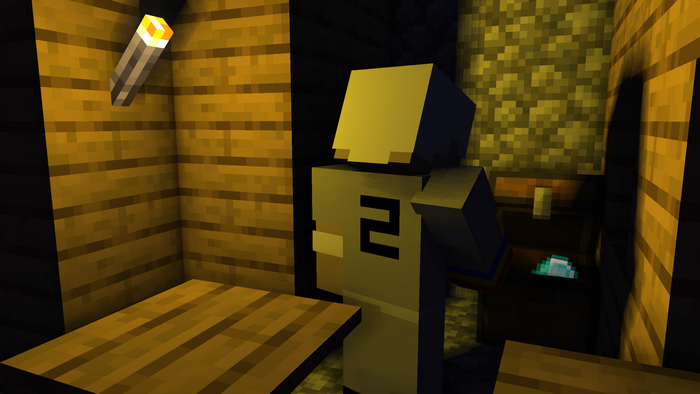 Minecraft character with diamonds in a chest