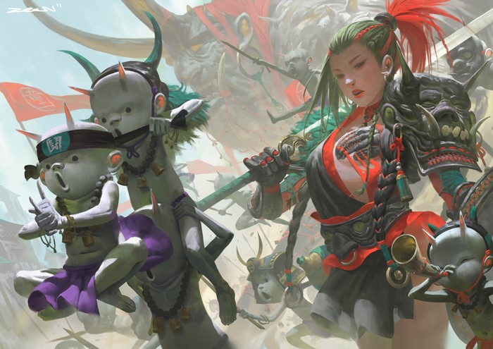 Fantasy warriors with horns and weapons by Zeen Chin