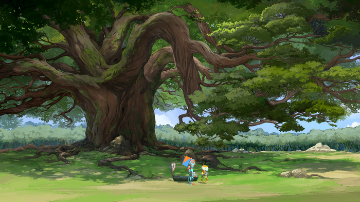 Two robots and a kite under a large tree