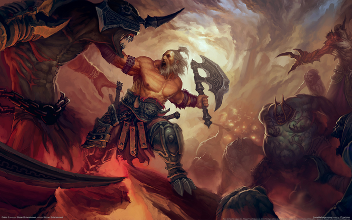 Diablo III Warrior Fighting Demons in Hellscape