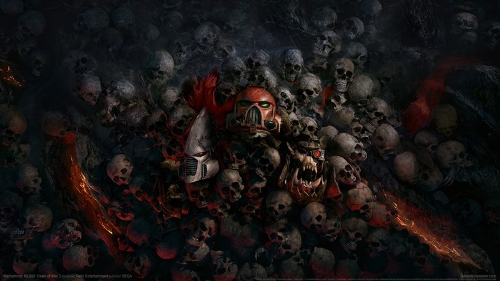 Warhammer 40,000: Dawn of War 3 characters amidst skulls