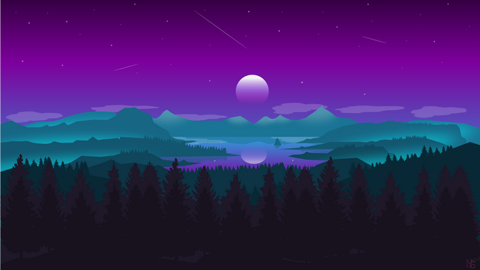 Digital art landscape with mountains, lake, and forest at night