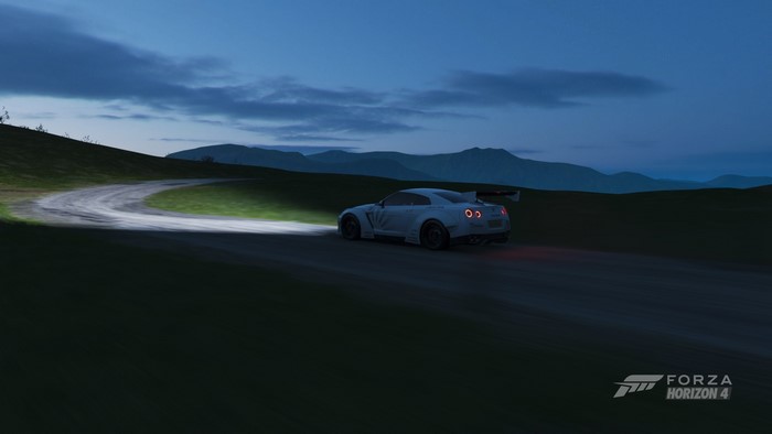 Nissan GTR from Forza Horizon 4 driving at dusk