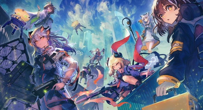 Anime girls with guns in a futuristic city