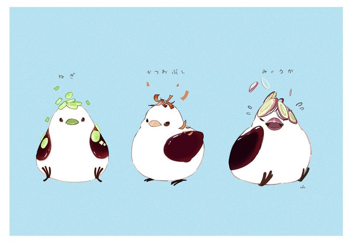 Three cute birds with food toppings