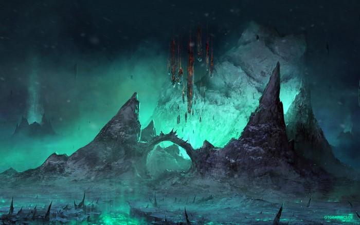 Fantasy art of a desolate, icy landscape with glowing turquoise elements