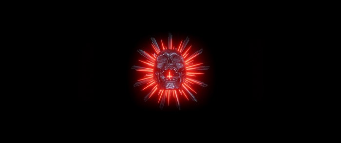 Dark skull with red light rays on black background