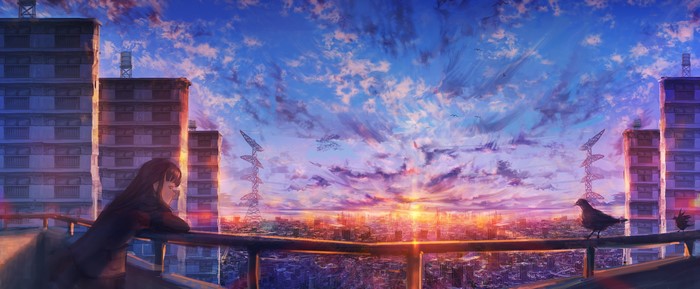 Anime girl on rooftop overlooking cityscape at sunset