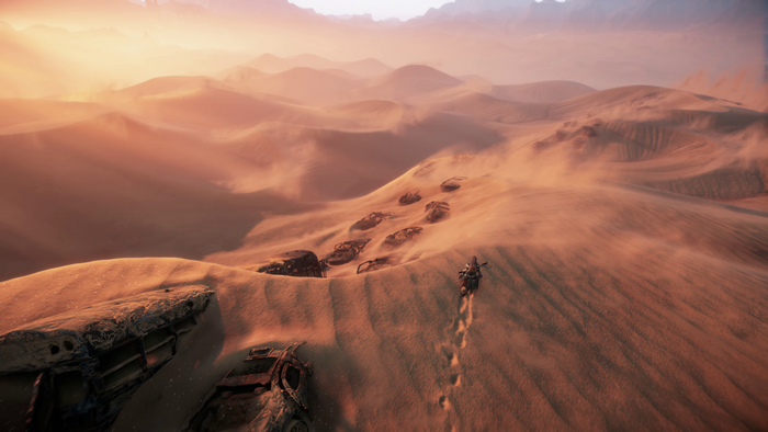 Aloy from Horizon Forbidden West in desert dunes
