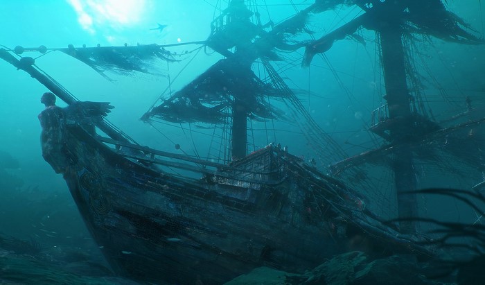 Underwater shipwreck with tattered sails