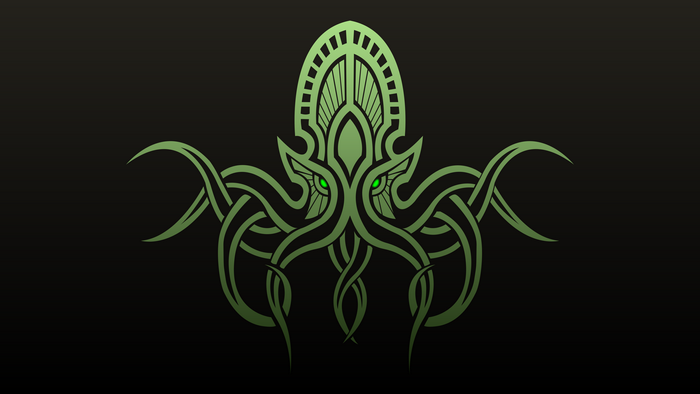 Green Cthulhu creature with glowing eyes