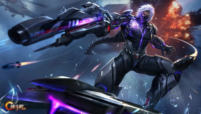 Warrior with gun and rocket launcher in sci-fi battle