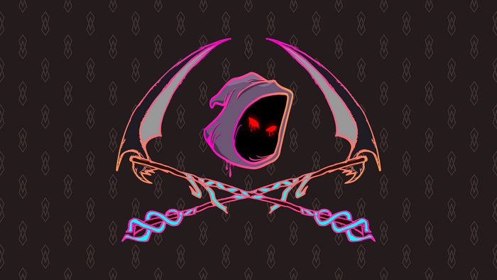 Grim Reaper with crossed scythes and red eyes