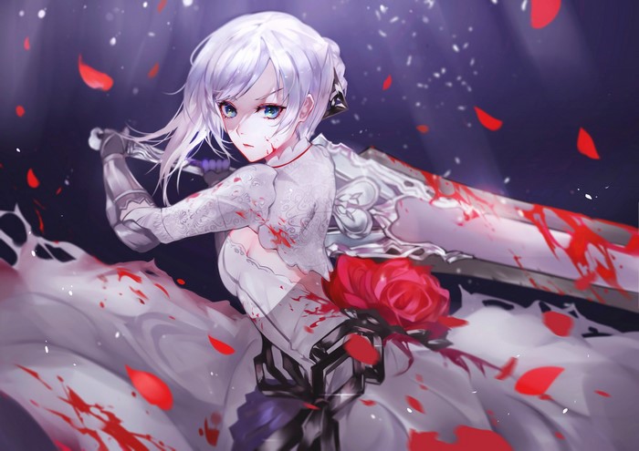 Weiss Schnee from RWBY with a greatsword and roses