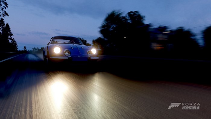Blue sports car driving on a road at dusk in Forza Horizon 4