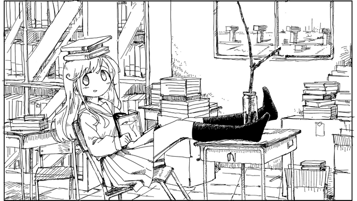 Anime girl with books in a library