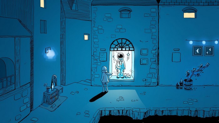 Astronaut in a window with a child outside