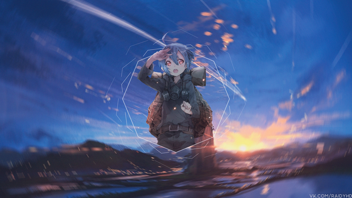 Anime girl with backpack and gas mask in sky