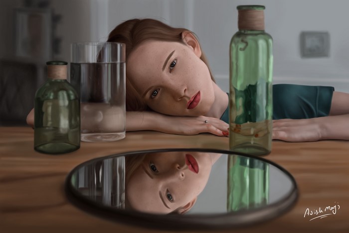 Digital drawing of a woman with bottles and a mirror