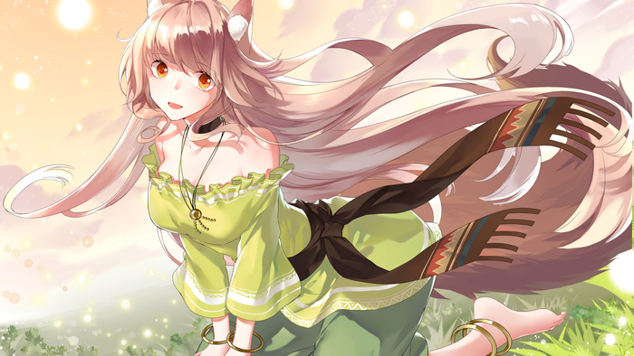 Anime girl with fox ears and tail in a green dress