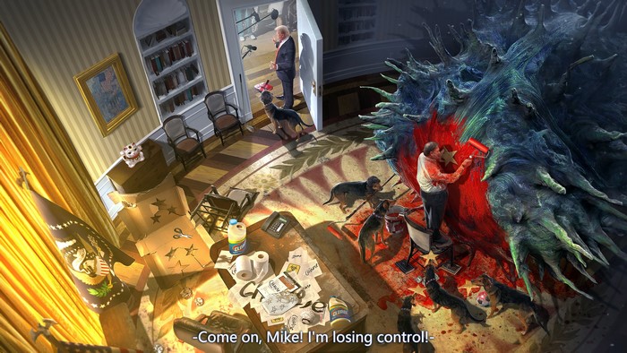 Donald Trump painting a monster in the Oval Office