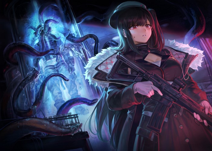 Anime girl with assault rifle and tentacles