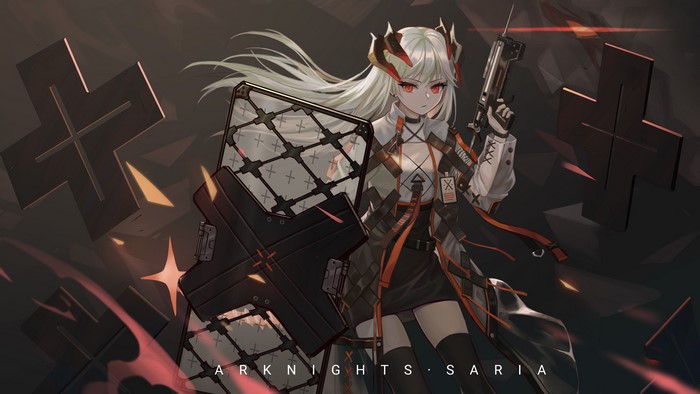 Saria from Arknights with shield and gun