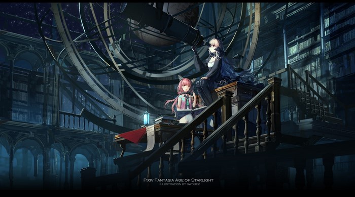 Two anime girls in an observatory with a telescope