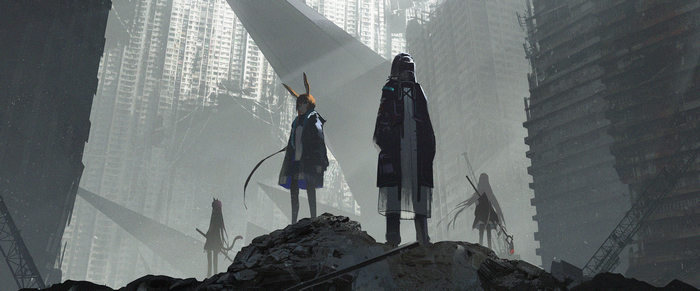 Characters from Arknights in a ruined city