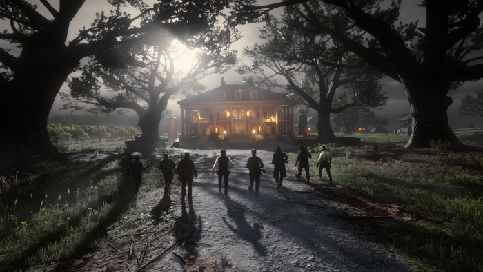 Group of men walking towards a large house in Red Dead Redemption 2
