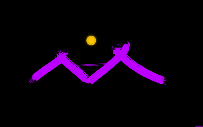 Purple mountains with a yellow sun and bridge