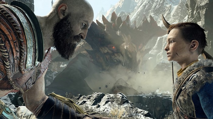Kratos and Atreus face a dragon in God of War