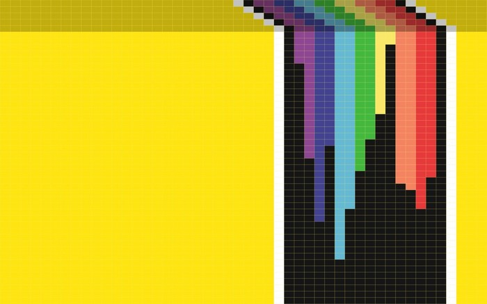 Pixel art rainbow dripping on yellow background