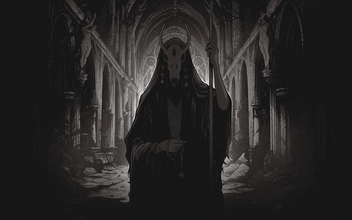 Dark fantasy figure with skull mask in gothic hall