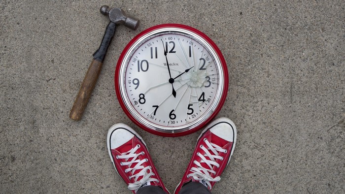 Broken Westclox clock with hammer and shoes