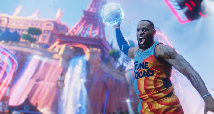 LeBron James in Tune Squad uniform with basketball