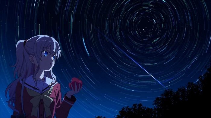 Tomori Nao from Charlotte eating an apple under star trails
