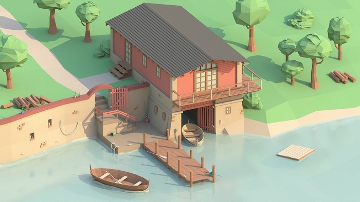 Low poly house with boats by the water