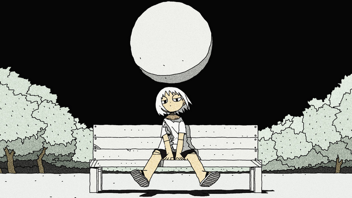 Anime girl sitting on a bench under the moon