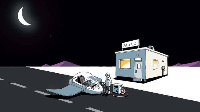 Spaceship refueling at a roadside store at night