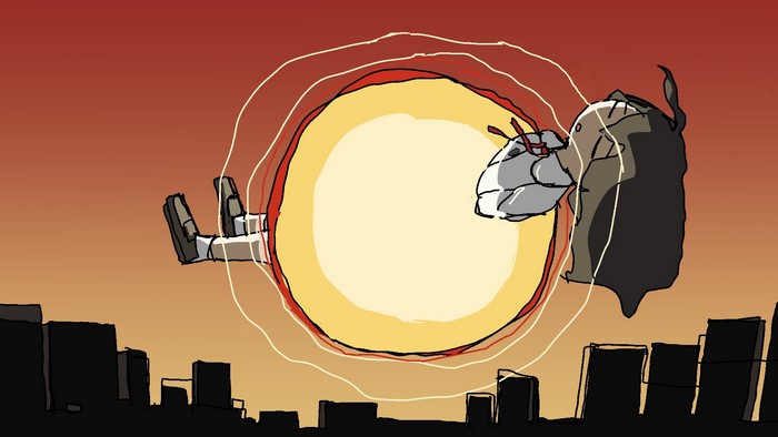 Anime girl and creature in explosion during sunset over city