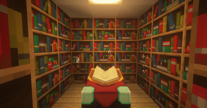 Minecraft library with bookshelves and an open book