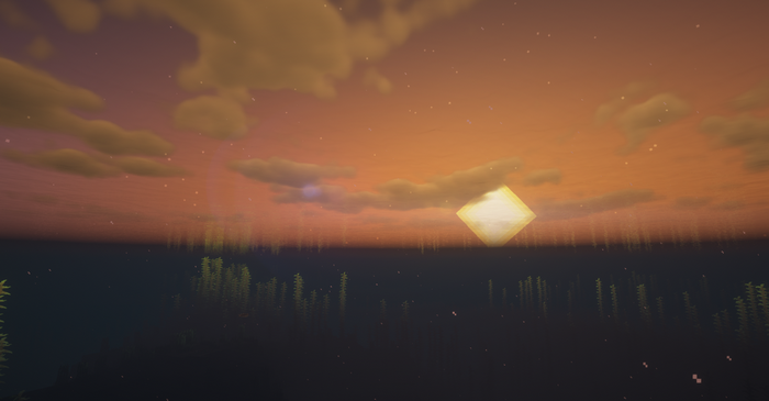 Minecraft screenshot of underwater sunset with clouds