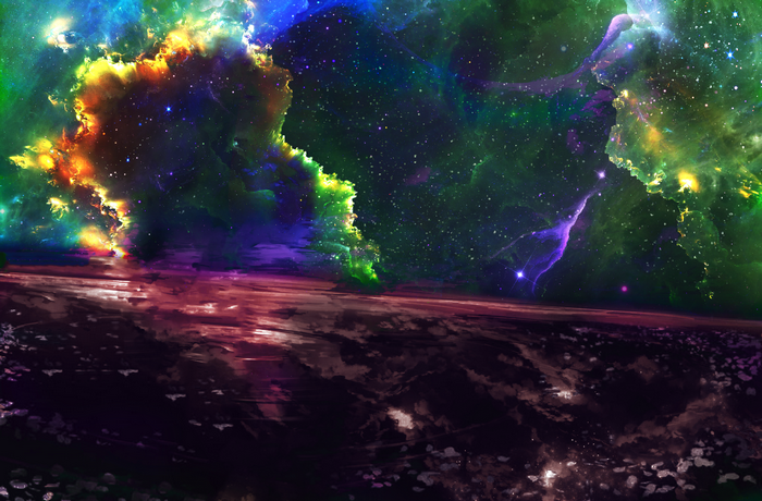 Digital art of a colorful nebula over a reflective surface