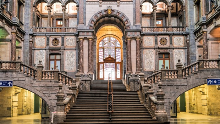 Antwerp Central Station interior with grand staircase