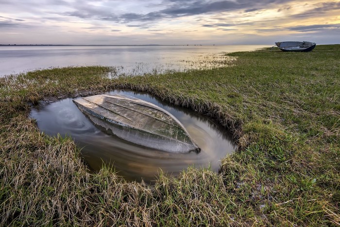 Upside down boat in water by grassy shore