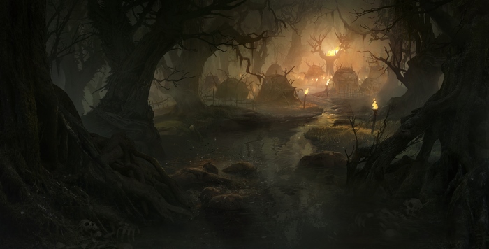 Diablo Immortal swamp village with torches