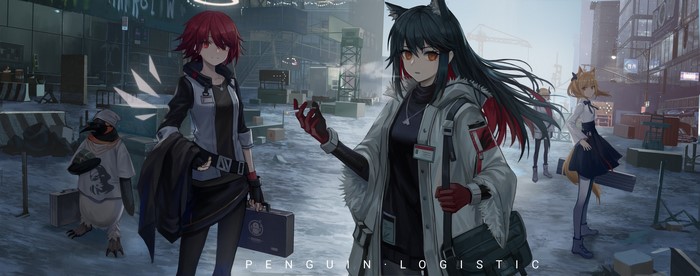 4K Arknights characters in a snowy urban environment