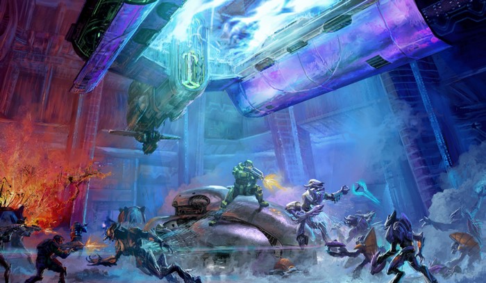 Master Chief and Sangheili fighting on Truth and Reconciliation from Halo